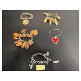 VTG Assorted Gold/Silver-Tone Charm Bracelet Lot Inc Monet & Boucher - Leaf & Acorn Charms, Dice & Coin Pendants