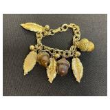 VTG Assorted Gold/Silver-Tone Charm Bracelet Lot Inc Monet & Boucher - Leaf & Acorn Charms, Dice & Coin Pendants