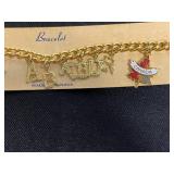 Bracelets - Coro Blue Square Stone Link Bracelets, Rhinestone & Canada Maple Leaf Charm (Made in Canada)