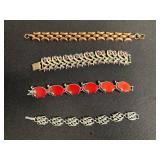 VTG Bracelets Inc Trifari - Red Cabochon & Crystal Vine, Silver & Copper Links