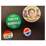 US Presidential Campaign Buttons Collection: Humphrey-Muskie, Carter-Mondale, Nixon, McGovern