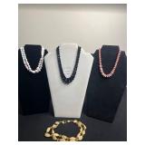 VTG Bead Necklace Set - Inc Laguna Black Faceted, White Speckled & Pink Bead Necklaces