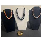 Beaded Necklace Set: Black Onyx Strand, Coral/Peach Glass & Brown Pearl Like w Gold Tone Buckle Bracelet