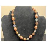 Beaded Necklace Set: Black Onyx Strand, Coral/Peach Glass & Brown Pearl Like w Gold Tone Buckle Bracelet