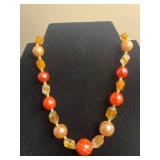 Beaded Necklace Set: Black Onyx Strand, Coral/Peach Glass & Brown Pearl Like w Gold Tone Buckle Bracelet