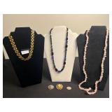 Florenza Gold Tone Cameo Pin, Napier Gold-Tone Cuban Link Necklace, Black Bead Necklace, Pink Rose Quartz Necklace & Mosaic Pin