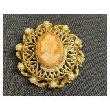 Florenza Gold Tone Cameo Pin, Napier Gold-Tone Cuban Link Necklace, Black Bead Necklace, Pink Rose Quartz Necklace & Mosaic Pin