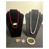 VTG Monet Red Glass Beaded Necklace, Pink Weiss Brooch, Pearlescent Bead Strand, Bangle Bracelet & More!