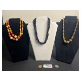 VTG Beaded Necklaces (Lot of 3) - Multicolor, Black Glass & Goldtone, Cloth Flag Pin & Mosaic Brooch