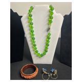VTG Green Bead Necklace, Floral Blue Crystal Earrings & Orange Celluloid Bangle Bracelet