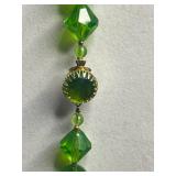 VTG Green Bead Necklace, Floral Blue Crystal Earrings & Orange Celluloid Bangle Bracelet