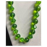 VTG Green Bead Necklace, Floral Blue Crystal Earrings & Orange Celluloid Bangle Bracelet