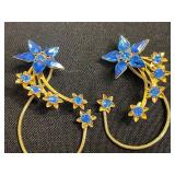 VTG Green Bead Necklace, Floral Blue Crystal Earrings & Orange Celluloid Bangle Bracelet