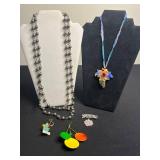 Weiss Balloon Pin, Collectible Davy Crockett Pin, Rainbow Flower Pendant Necklace & Silver Bead Chain Necklace & More!