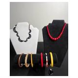 Crescent Moon Enamel & Red Coral Bead Necklaces w Bangle Bracelets & Heart Pendant