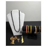 VTG Onyx Like Black Bead Necklace with Gold-Tone Leaf Brooch Pendant & Bangle Bracelets