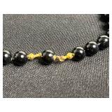VTG Onyx Like Black Bead Necklace with Gold-Tone Leaf Brooch Pendant & Bangle Bracelets