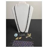 VTG Jewelry Ensemble: Dark Hematite Like Bead Necklace, Turquoise Cabochon Brooch, Coro Bird Pins & More!
