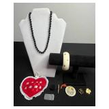 VTG Black Onyx Like Beaded Necklace w 925 Clasp, Pen Clip, Gold Tone Heart Bangel Bracelet, Scout Pins & More!
