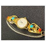 Turquoise Lot Inc Timex Quartz Gold-Tone Watch with Turquoise Bead Embellishments, Necklace & Matisse Cuff Bracelet