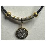 Roman or Greek Coin Pendant Necklace on Black Cord with Bead-Spacer Segments