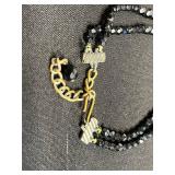 Glass Nude Pendant, Beaded Necklaces Set - Black Glass Bead Double-Strand Necklace & Amber Crystal Bead Necklace w Gold Tone Bracelet