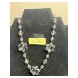 Les Bernard Crystal Floral Pendant Necklace with Faceted Beads - Clear, Silvertone Chain