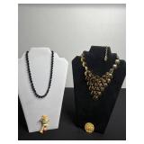VTG Bakelite South of the Border Pin, Hammered Disc Gold-Tone Necklace, Eagle-Disc Pendant & Black Faceted Bead Necklace - Vintage Jewelry Set