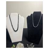 VTG Black Onyx Bead Necklace, KJL Frog Pin, & Crystal Leaf Necklace with Frog Pendant, Oscar Charlin Floral Pin