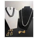 Gold-Tone Geometric Pin and Brooch Set, Black Glass Beads Necklace, Crystal-Accent Necklace & Butterfly Pin