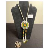 Hand-Beaded Rainbow Circular Pendant Necklace with Tassels & Dragon Pin
