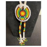 Hand-Beaded Rainbow Circular Pendant Necklace with Tassels & Dragon Pin