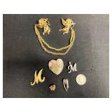 Gold-Tone Double Angel Charm Brooch with Twin Cherub Pendants on Thick Chain & "M" Pins and Pendant Inc Mamselle