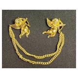 Gold-Tone Double Angel Charm Brooch with Twin Cherub Pendants on Thick Chain & "M" Pins and Pendant Inc Mamselle