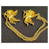 Gold-Tone Double Angel Charm Brooch with Twin Cherub Pendants on Thick Chain & "M" Pins and Pendant Inc Mamselle