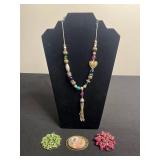 VTG Rhinestone Brooches & Chicos Beaded Necklace with Ornate Gold-Tone Heart Pendant & Tassel