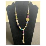 VTG Rhinestone Brooches & Chicos Beaded Necklace with Ornate Gold-Tone Heart Pendant & Tassel