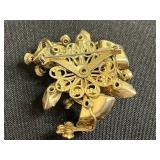 Vintage Gold-Tone 12K GF Ring with Carnelian Cabochon, Cameo Pin & Floral Rhinestone Brooches