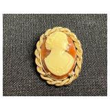 Vintage Gold-Tone 12K GF Ring with Carnelian Cabochon, Cameo Pin & Floral Rhinestone Brooches