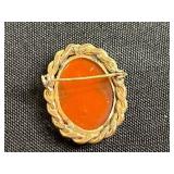 Vintage Gold-Tone 12K GF Ring with Carnelian Cabochon, Cameo Pin & Floral Rhinestone Brooches