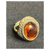 Vintage Gold-Tone 12K GF Ring with Carnelian Cabochon, Cameo Pin & Floral Rhinestone Brooches