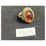 Vintage Gold-Tone 12K GF Ring with Carnelian Cabochon, Cameo Pin & Floral Rhinestone Brooches