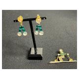 Gold-Tone Crystal Drop Earrings with Emerald Green Beads & Hobe Gemstone Ski Pin