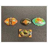 Khokhloma Style Hand-Painted Floral Lacquer Brooches