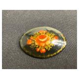 Khokhloma Style Hand-Painted Floral Lacquer Brooches