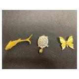 Gold-Tone Napier Butterfly Brooch with Filigree Round Center & Enamel Wings, Monet Fish & Gold Tone Turtle