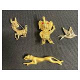 Gold-Tone Animal Brooch Set (Lot of 3) - Rhinestones & Gem Eyes - Gold Tone Cat is Jackie Collins