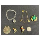 VTG Jewelry Lot: AAi Green Enamel Frog Pin, Gold Tone Bracelet w Cross Charms, Silver Tone Mustard Seed Bracelet, VTG Cat Pins - 1 with Moving Head