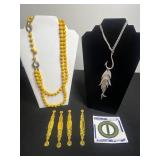 Double Strand Yellow Bead Necklace, Silver Fishhook Pendant Necklace & Gold Tone Pincher Leaf Drops, Large VTG Green Buckle Button