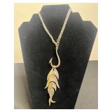 Double Strand Yellow Bead Necklace, Silver Fishhook Pendant Necklace & Gold Tone Pincher Leaf Drops, Large VTG Green Buckle Button